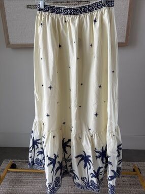 Flying Tomato Cream Maxi Skirt with Navy Palm & Star Motif NWT